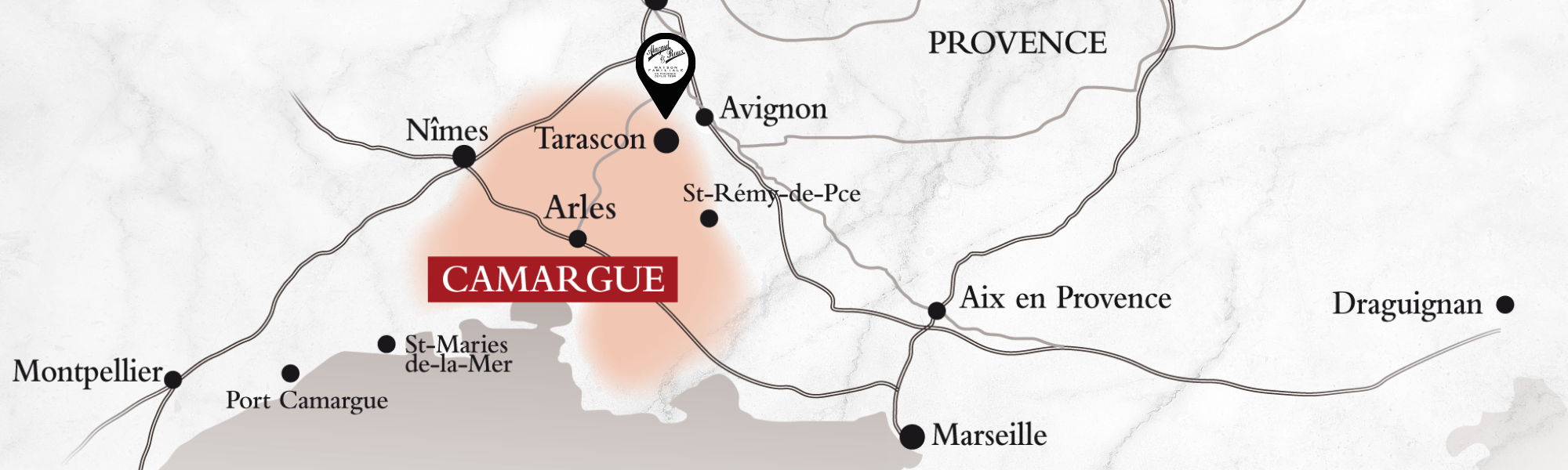Carte de la Provence et de la Camargue — implantation d'Alazard & Roux à Tarascon